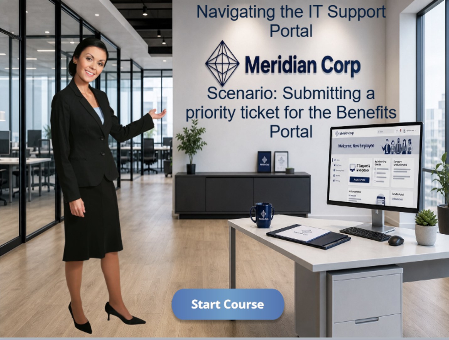 Meridian Corp IT Helpdesk onboarding simulation intro scene with Start Course button