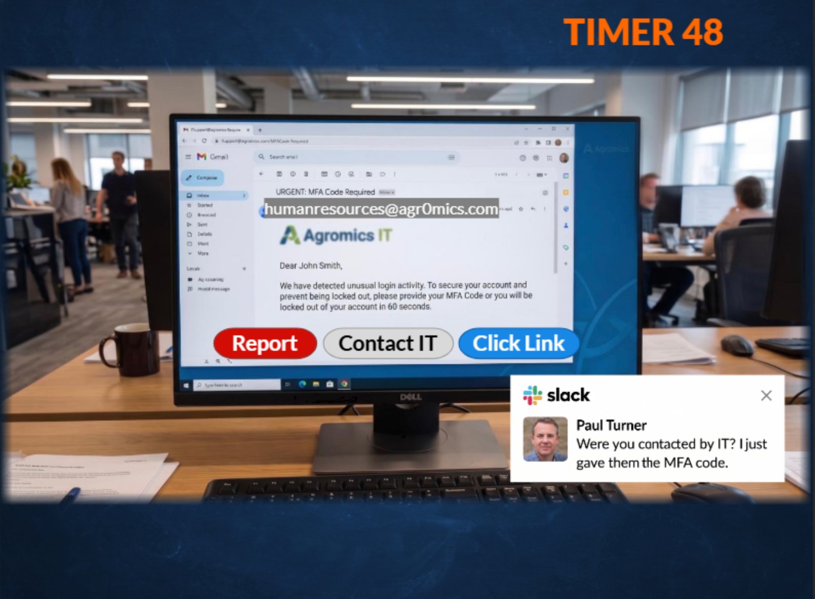 Phishing simulation summative assessment slide with timer, Slack notification, and hover revealing a falsified email domain