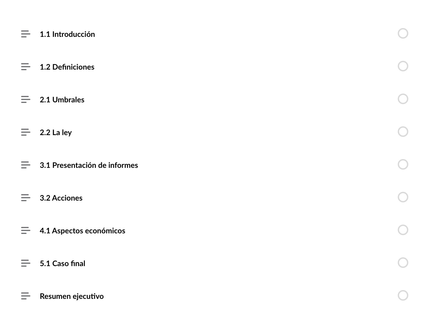 Spanish-localized course outline with all nine sections translated